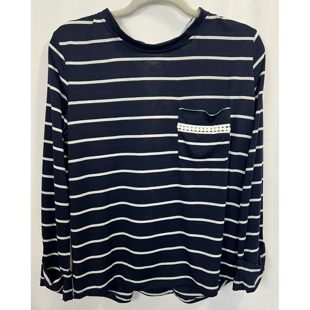 Umgee Navy Blue White Striped Lace Up Back Pocket Top Small Nautical